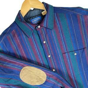 Vintage Pendleton Board Shirt L Wool Flannel Striped Elbow Patches USA Rare READ